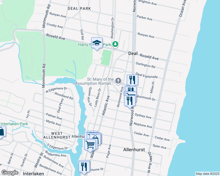 map of restaurants, bars, coffee shops, grocery stores, and more near 44 Woodford Road in Deal