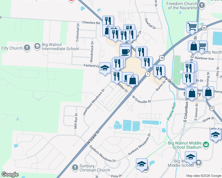 map of restaurants, bars, coffee shops, grocery stores, and more near 188 Waring Drive in Sunbury