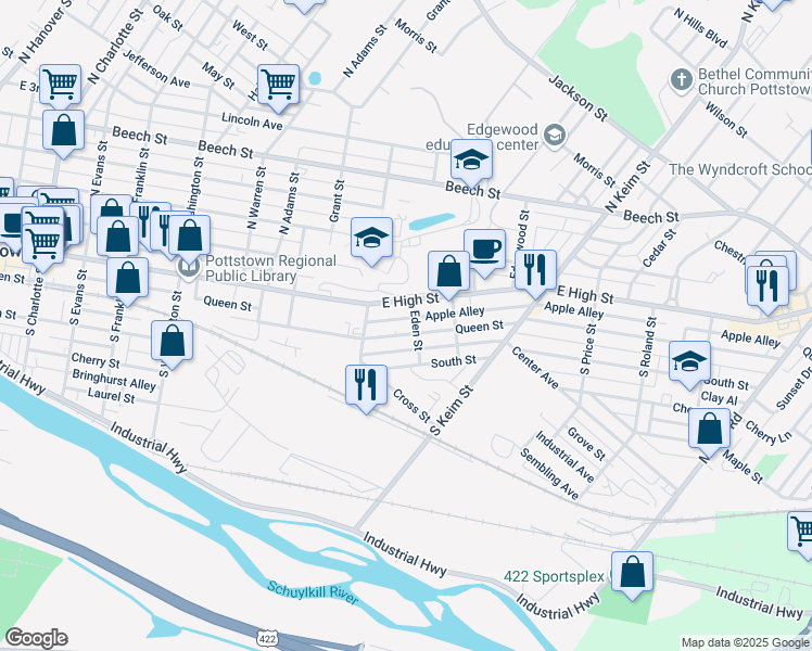 map of restaurants, bars, coffee shops, grocery stores, and more near 846 Eden Street in Pottstown