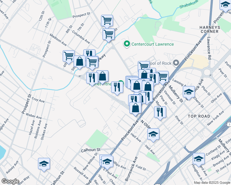 map of restaurants, bars, coffee shops, grocery stores, and more near 1580 N Olden Ave in Ewing Township