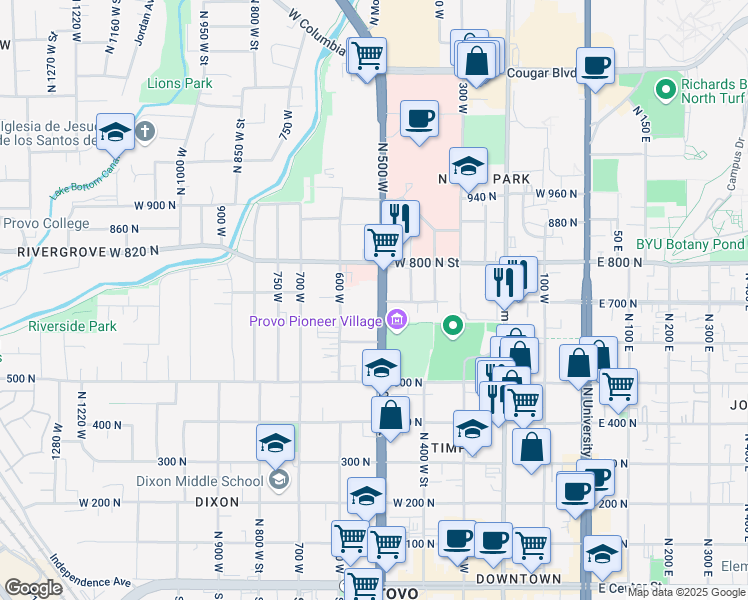 map of restaurants, bars, coffee shops, grocery stores, and more near 742n North 500 West in Provo