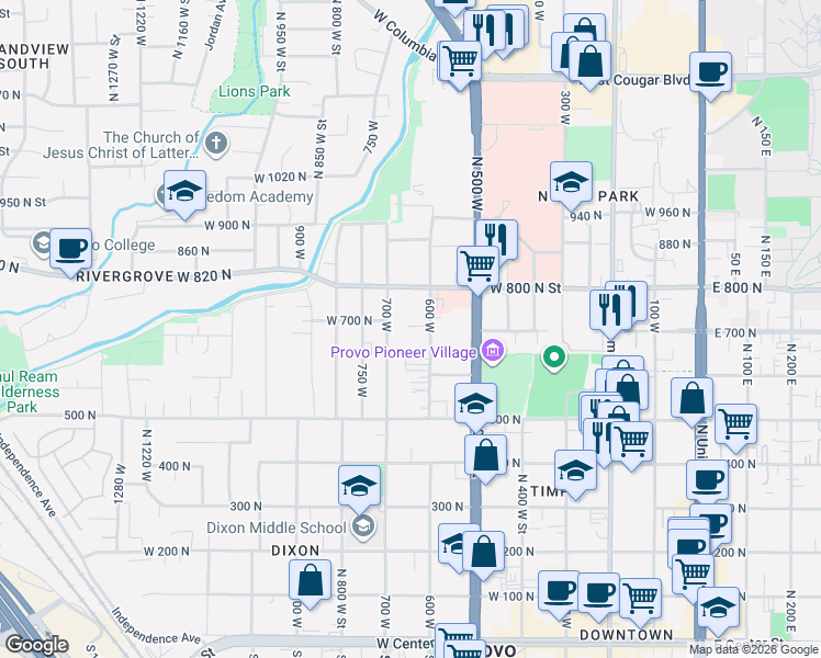 map of restaurants, bars, coffee shops, grocery stores, and more near 702 700 West in Provo