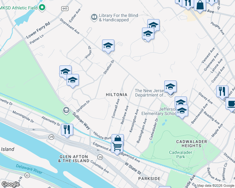 map of restaurants, bars, coffee shops, grocery stores, and more near 201 Cornwall Avenue in Trenton