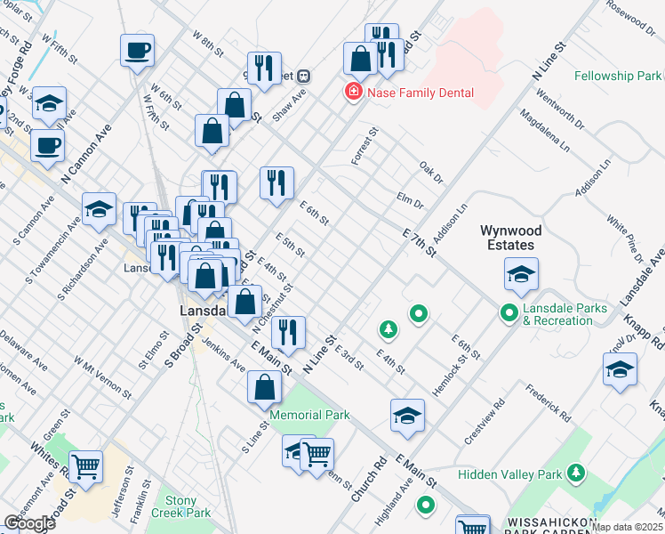 map of restaurants, bars, coffee shops, grocery stores, and more near 522 Ridge Street in Lansdale