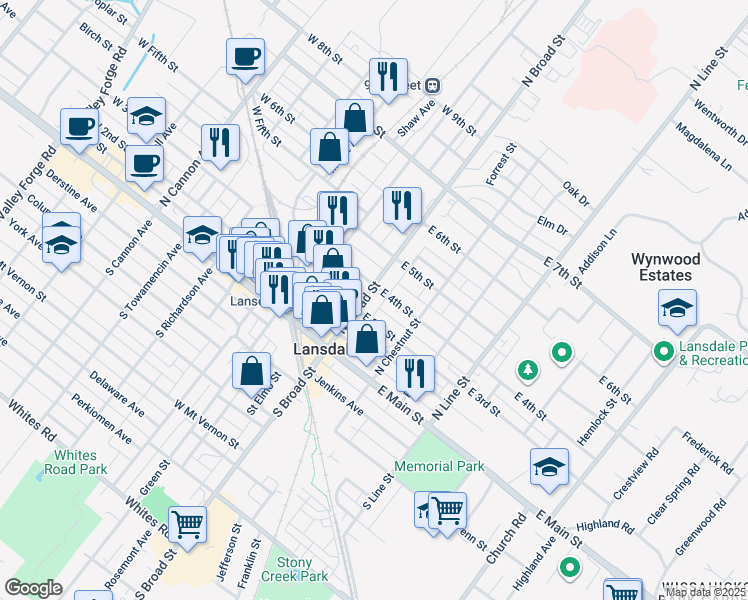 map of restaurants, bars, coffee shops, grocery stores, and more near 300 North Broad Street in Lansdale