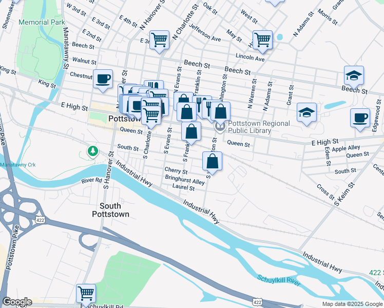 map of restaurants, bars, coffee shops, grocery stores, and more near 427 South Street in Pottstown