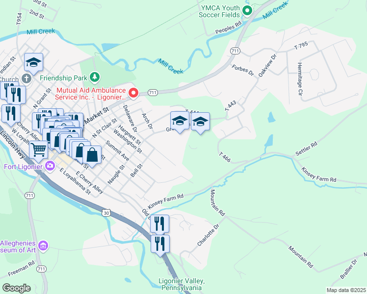 map of restaurants, bars, coffee shops, grocery stores, and more near 536 Bell Street in Ligonier