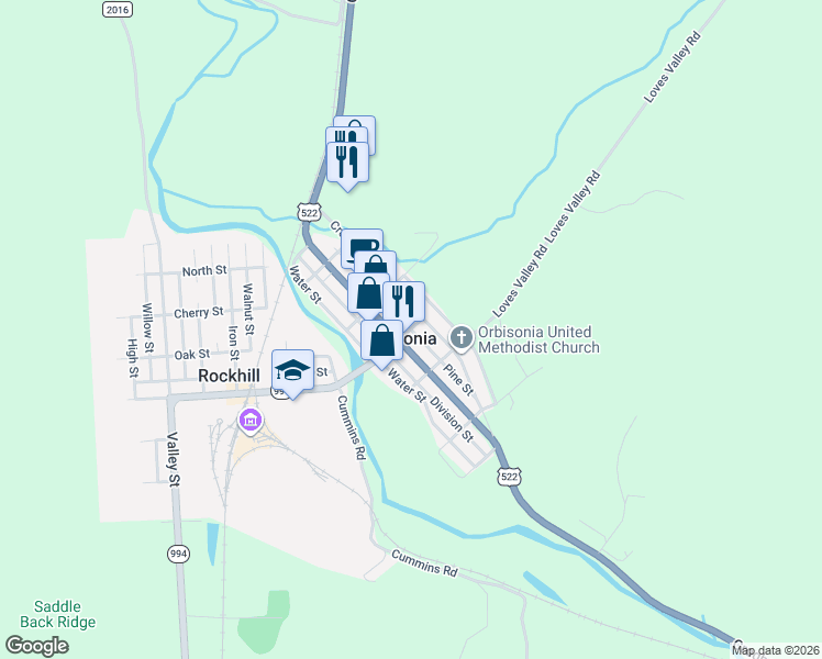 map of restaurants, bars, coffee shops, grocery stores, and more near Pine Street in Orbisonia