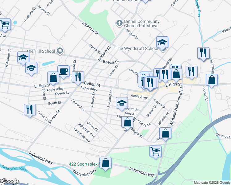 map of restaurants, bars, coffee shops, grocery stores, and more near 14 South Roland Street in Pottstown