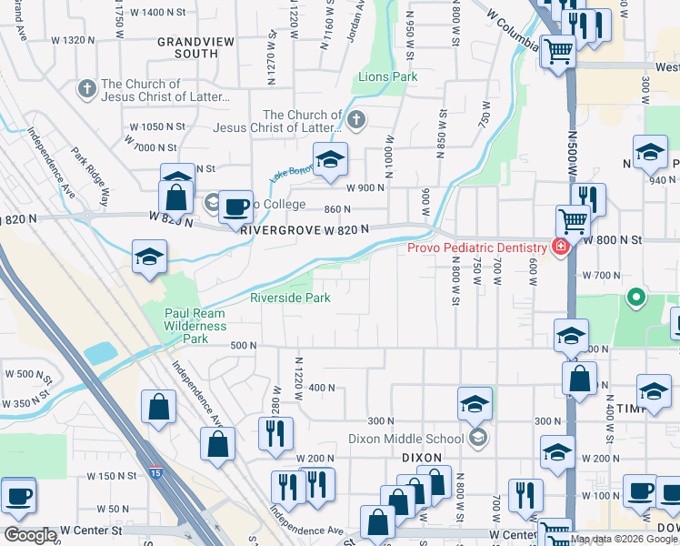 map of restaurants, bars, coffee shops, grocery stores, and more near 1122 West 650 North in Provo