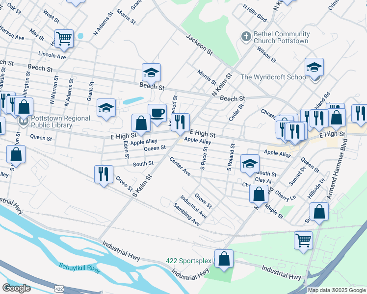 map of restaurants, bars, coffee shops, grocery stores, and more near 1020 Queen Street in Pottstown
