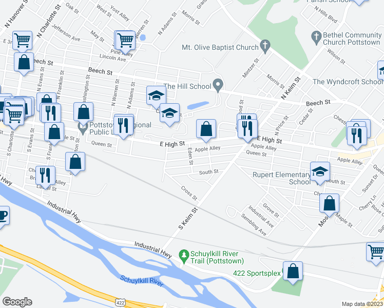 map of restaurants, bars, coffee shops, grocery stores, and more near 859 Queen Street in Pottstown