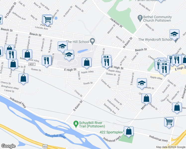 map of restaurants, bars, coffee shops, grocery stores, and more near 923 Queen Street in Pottstown
