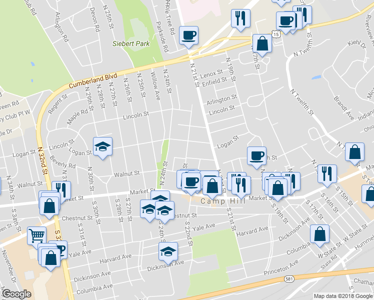 map of restaurants, bars, coffee shops, grocery stores, and more near 129 North 23rd Street in Camp Hill