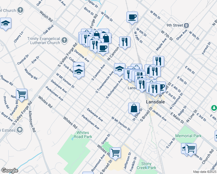 map of restaurants, bars, coffee shops, grocery stores, and more near 513 Columbia Avenue in Lansdale