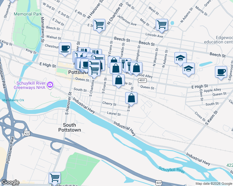map of restaurants, bars, coffee shops, grocery stores, and more near 375 New Street in Pottstown