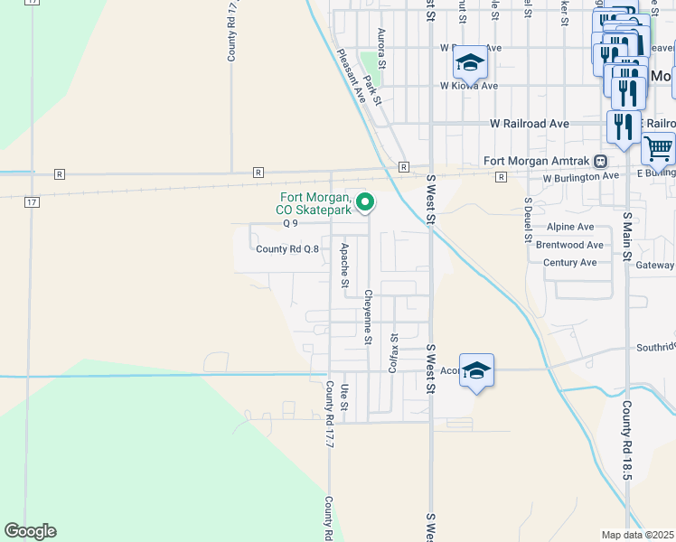 map of restaurants, bars, coffee shops, grocery stores, and more near 301 Apache Street in Fort Morgan