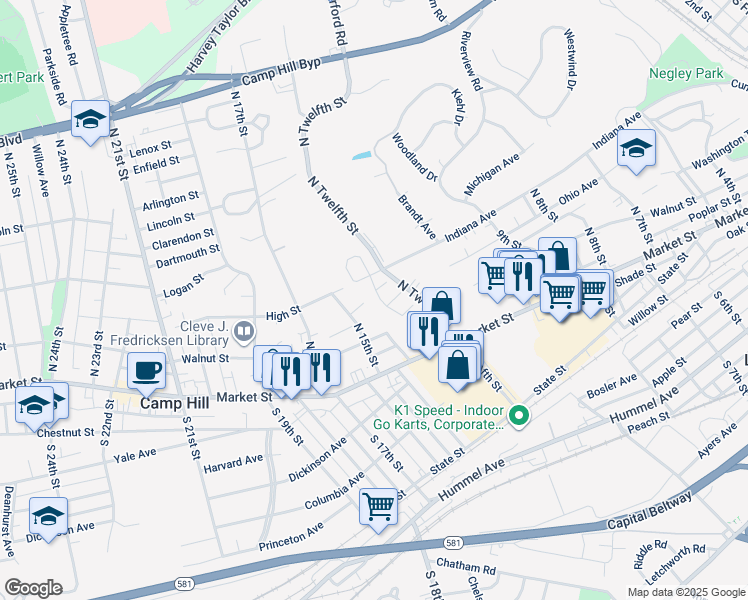 map of restaurants, bars, coffee shops, grocery stores, and more near 12 Dougherty Drive in Lemoyne