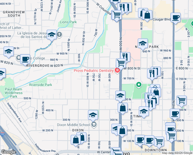 map of restaurants, bars, coffee shops, grocery stores, and more near 729 700 North in Provo