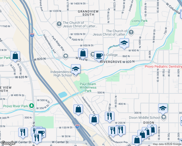 map of restaurants, bars, coffee shops, grocery stores, and more near 1489 Arthur Drive in Provo