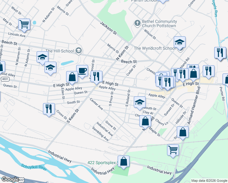 map of restaurants, bars, coffee shops, grocery stores, and more near 1104 East High Street in Pottstown