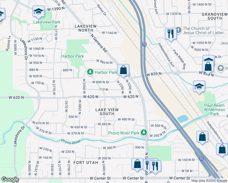 map of restaurants, bars, coffee shops, grocery stores, and more near 2325 710 North in Provo