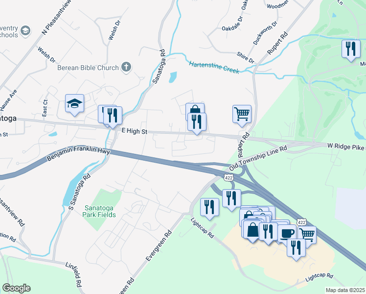 map of restaurants, bars, coffee shops, grocery stores, and more near 3000 East High Street in Pottstown