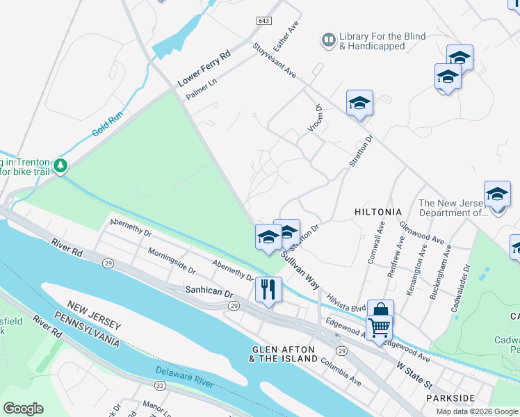 map of restaurants, bars, coffee shops, grocery stores, and more near 101 Sullivan Way in Trenton