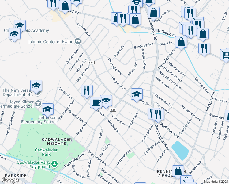 map of restaurants, bars, coffee shops, grocery stores, and more near 406 Maple Avenue in Ewing Township