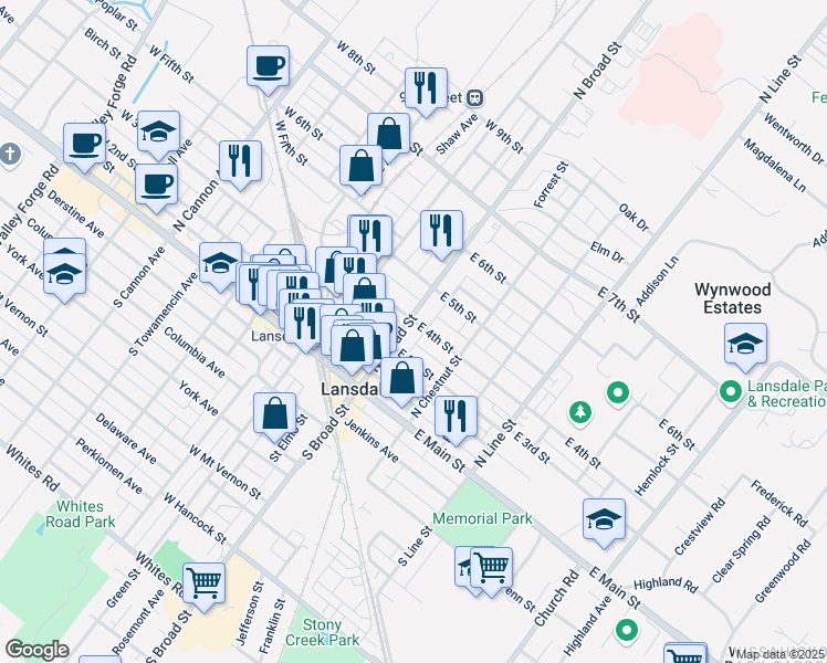 map of restaurants, bars, coffee shops, grocery stores, and more near 300 North Broad Street in Lansdale