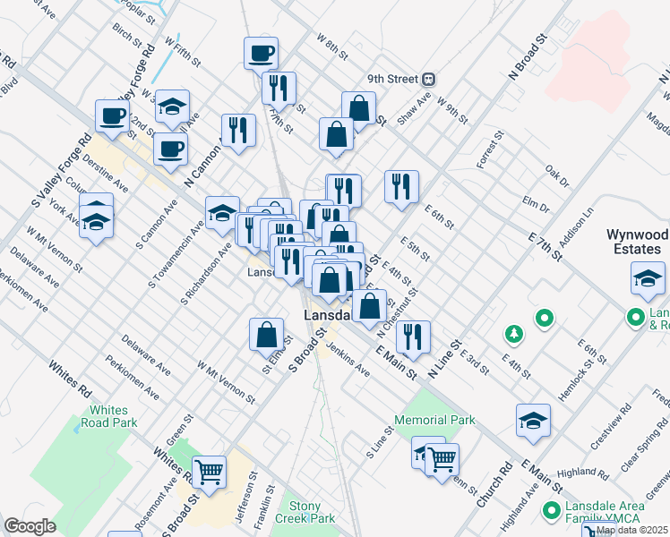 map of restaurants, bars, coffee shops, grocery stores, and more near 31 West 3rd Street in Lansdale