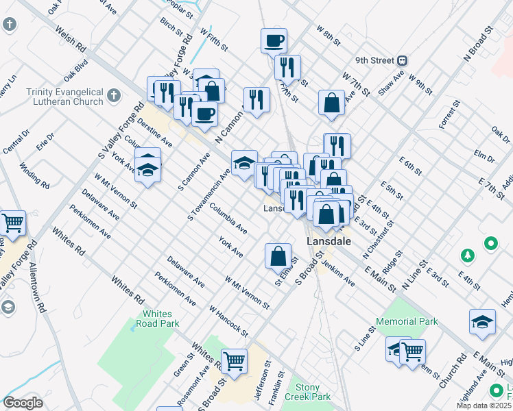 map of restaurants, bars, coffee shops, grocery stores, and more near 408 West Main Street in Lansdale