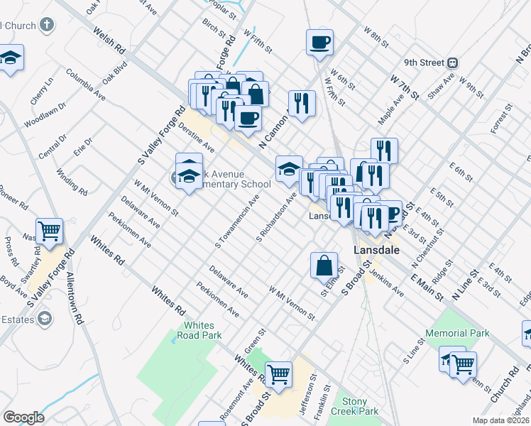 map of restaurants, bars, coffee shops, grocery stores, and more near 511 Columbia Avenue in Lansdale