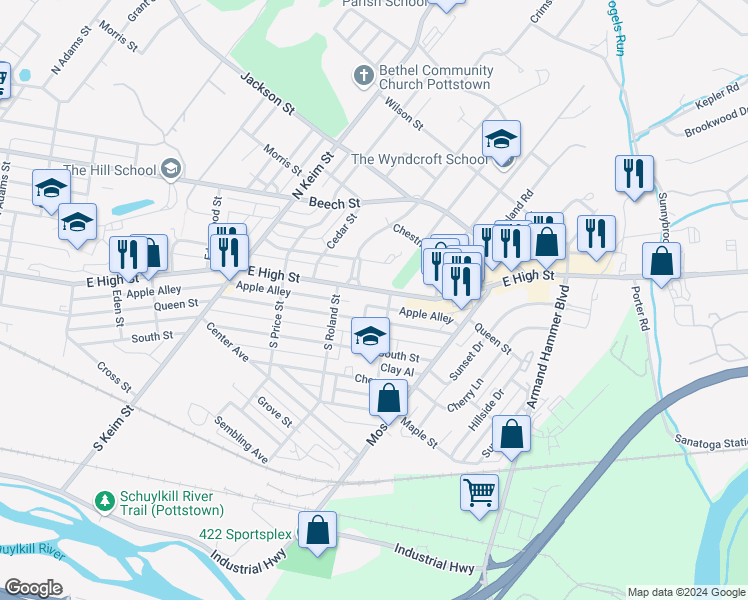 map of restaurants, bars, coffee shops, grocery stores, and more near 14 South Roland Street in Pottstown