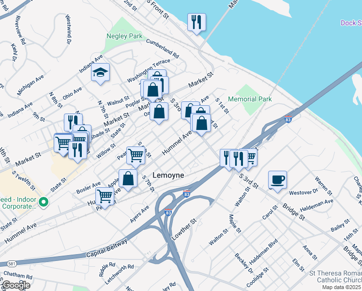 map of restaurants, bars, coffee shops, grocery stores, and more near 404 Hummel Avenue in Lemoyne