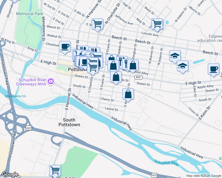 map of restaurants, bars, coffee shops, grocery stores, and more near 375 New Street in Pottstown