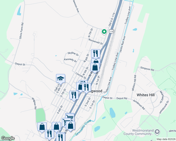 map of restaurants, bars, coffee shops, grocery stores, and more near 219 North 5th Street in Youngwood