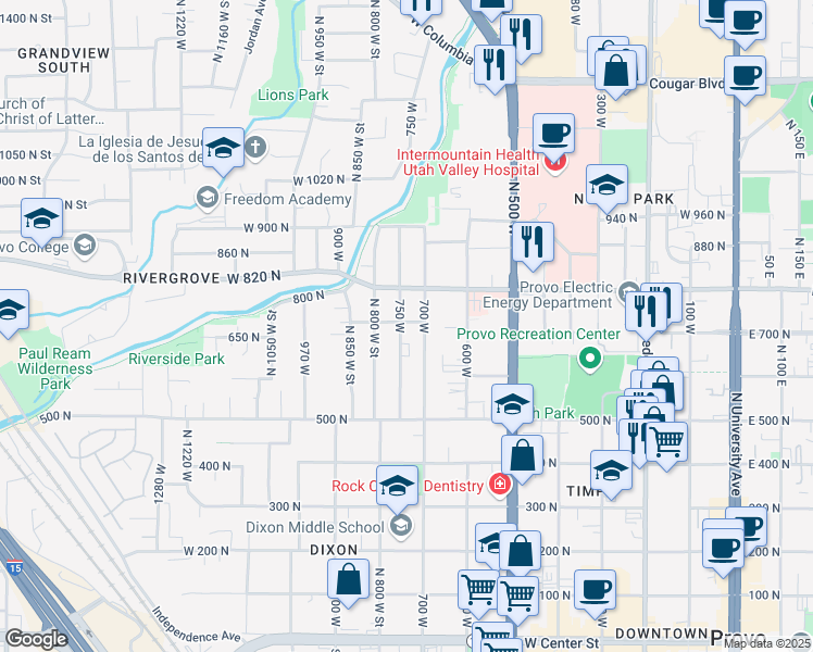 map of restaurants, bars, coffee shops, grocery stores, and more near 743 700 North in Provo