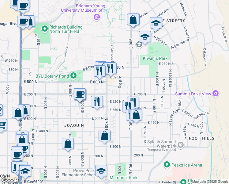 map of restaurants, bars, coffee shops, grocery stores, and more near 771 East 700 North in Provo