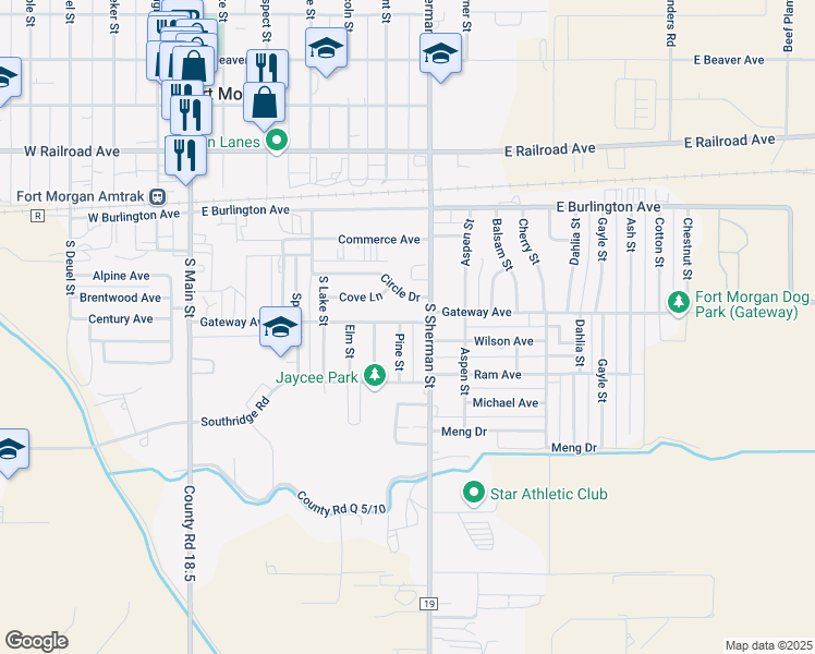 map of restaurants, bars, coffee shops, grocery stores, and more near 629 Gateway Avenue in Fort Morgan
