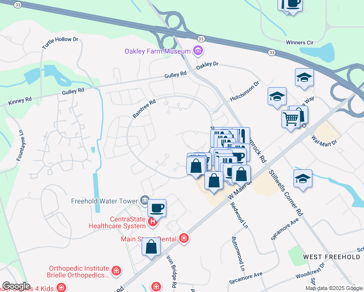 map of restaurants, bars, coffee shops, grocery stores, and more near 81 Greenwood Drive in Freehold