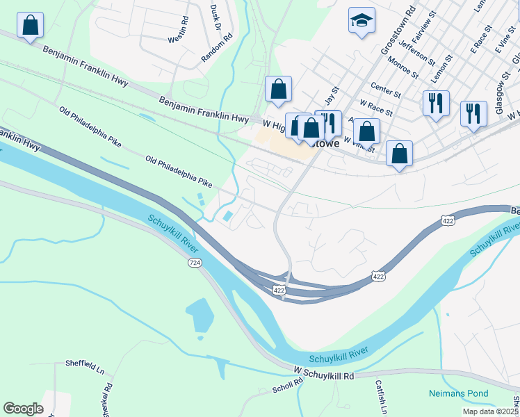 map of restaurants, bars, coffee shops, grocery stores, and more near 635 Old Reading Pike in Stowe
