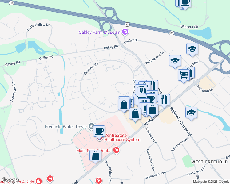 map of restaurants, bars, coffee shops, grocery stores, and more near 73 Greenwood Drive in Freehold