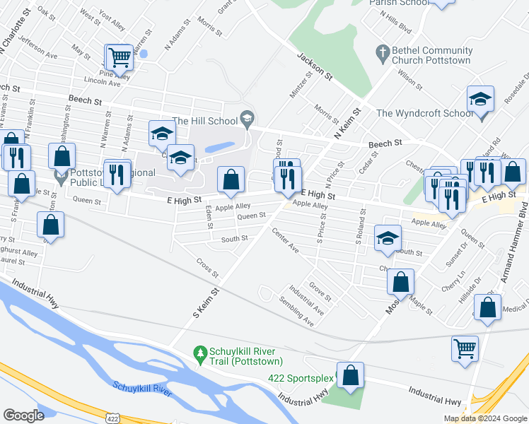 map of restaurants, bars, coffee shops, grocery stores, and more near 949 Queen Street in Pottstown