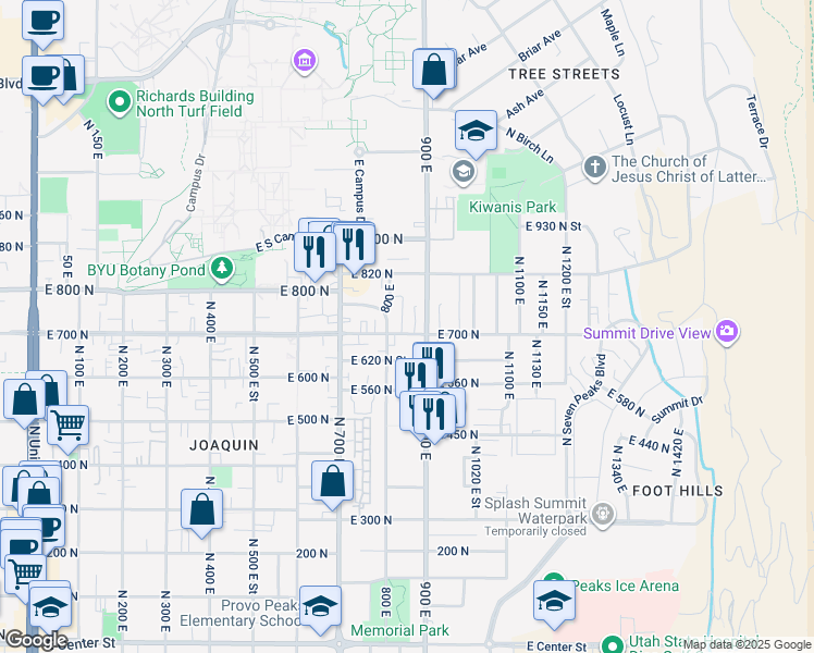 map of restaurants, bars, coffee shops, grocery stores, and more near 855 East 700 North in Provo