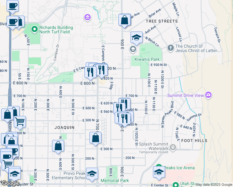 map of restaurants, bars, coffee shops, grocery stores, and more near 855 East 700 North in Provo