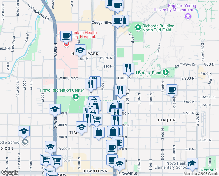 map of restaurants, bars, coffee shops, grocery stores, and more near 36 700 North in Provo