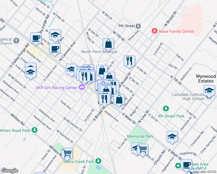 map of restaurants, bars, coffee shops, grocery stores, and more near 32 West 3rd Street in Lansdale