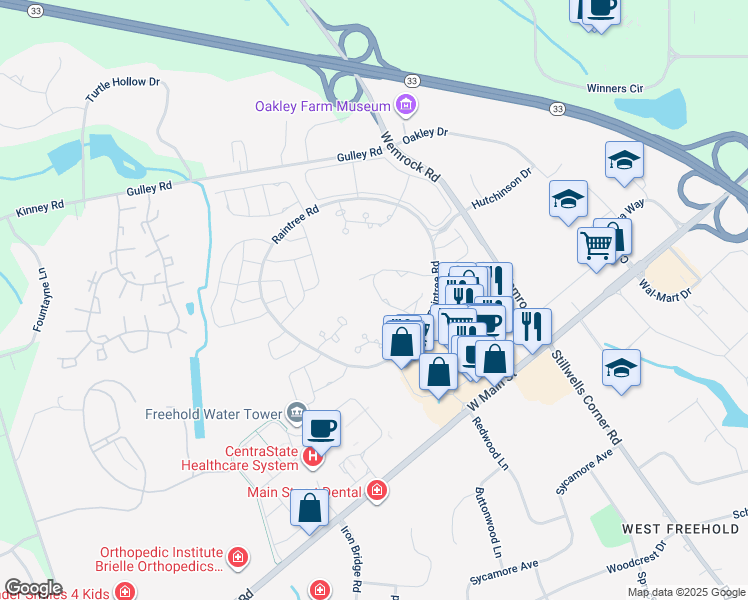 map of restaurants, bars, coffee shops, grocery stores, and more near 81 Greenwood Drive in Freehold