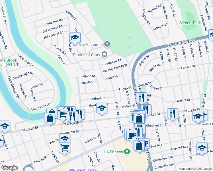 map of restaurants, bars, coffee shops, grocery stores, and more near 204 Hollywood Circle in Camp Hill